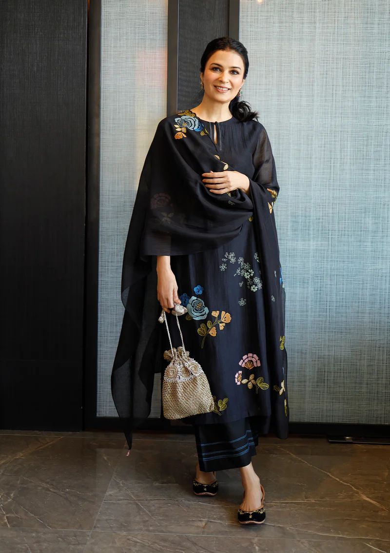 Women Black Embroidered Designer Kurti Set