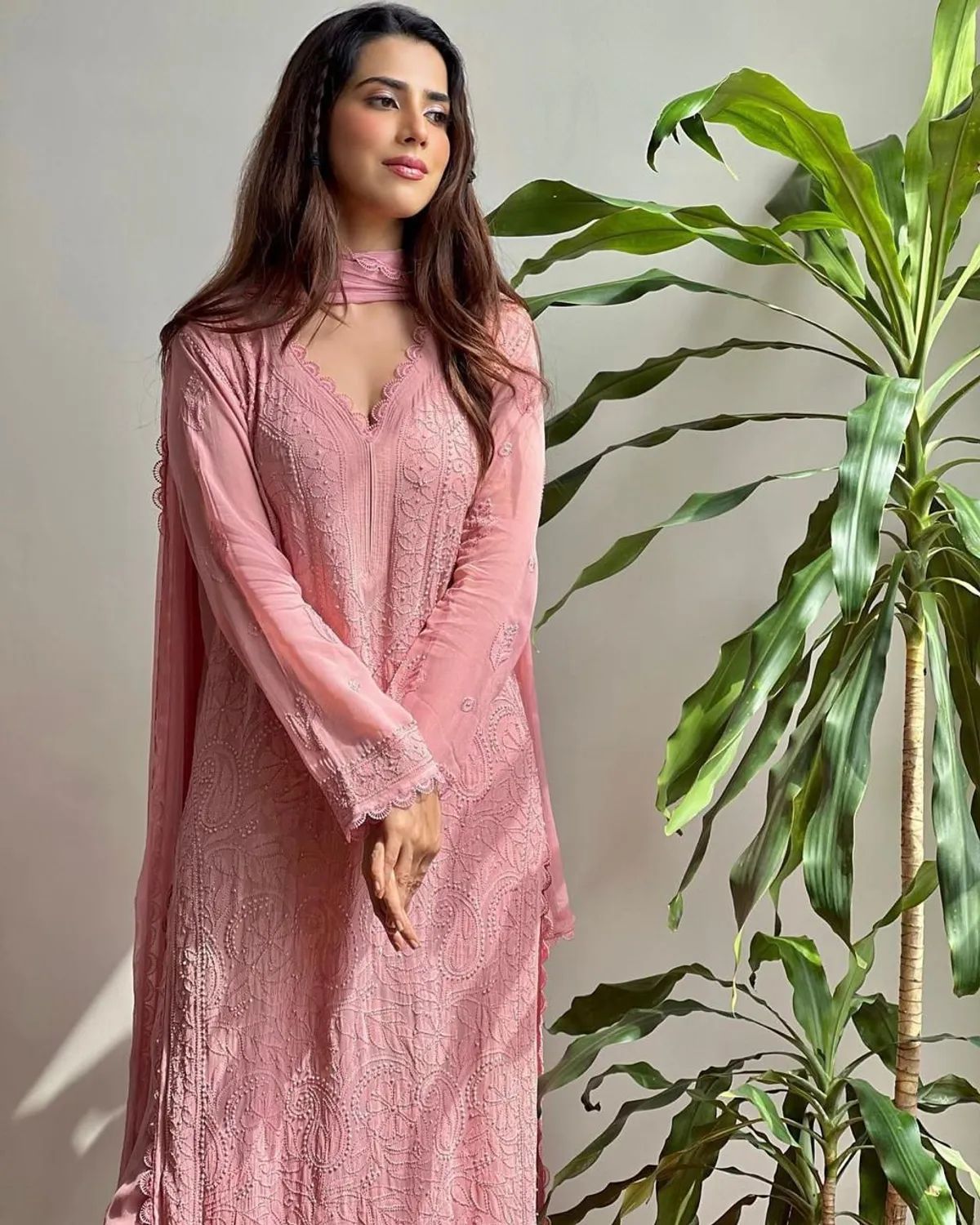 Women Pink Embroidered Party Wear Kurti Set