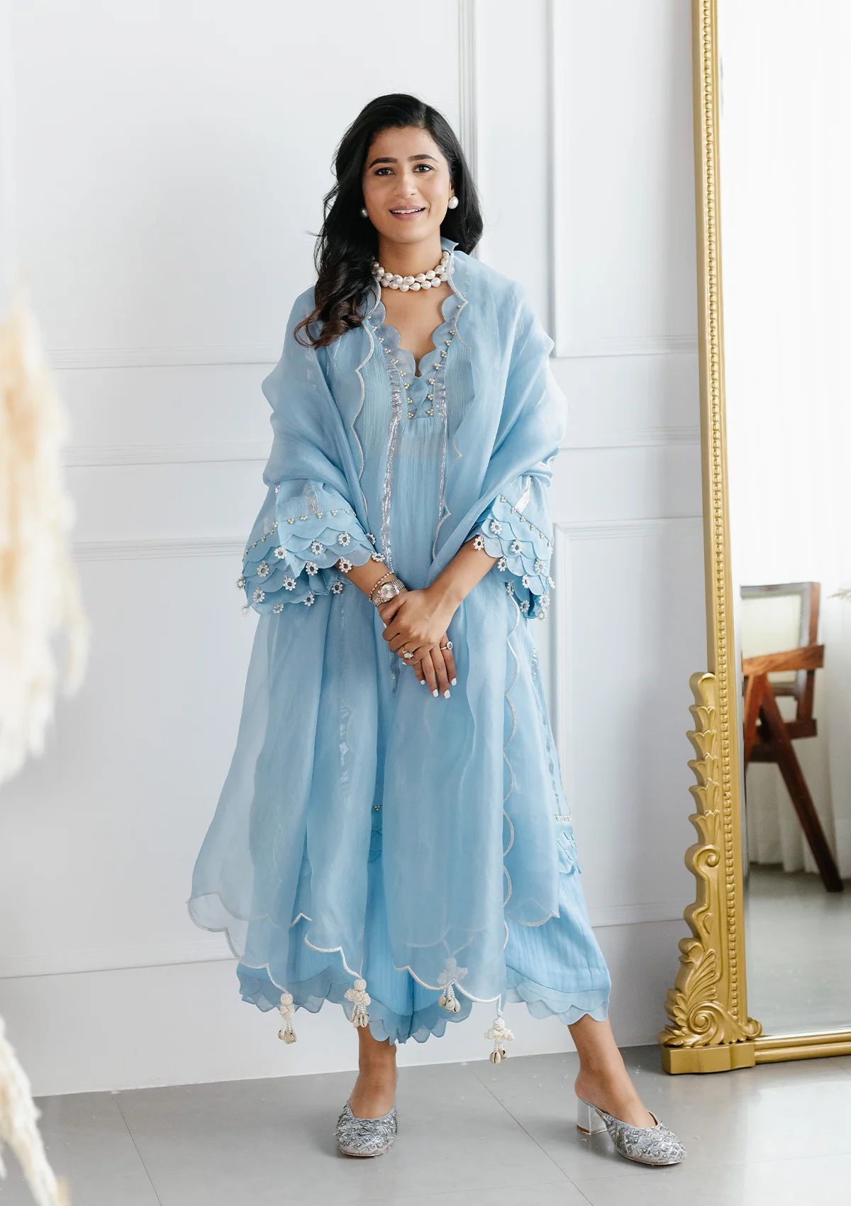 Women Asmani Blue Embroidered Designer Kurti Set