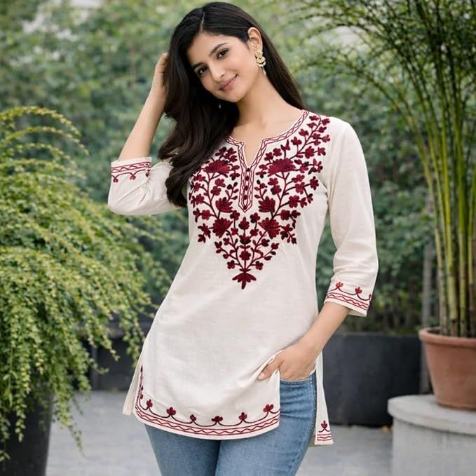 Women White Embroidered Designer Kurti